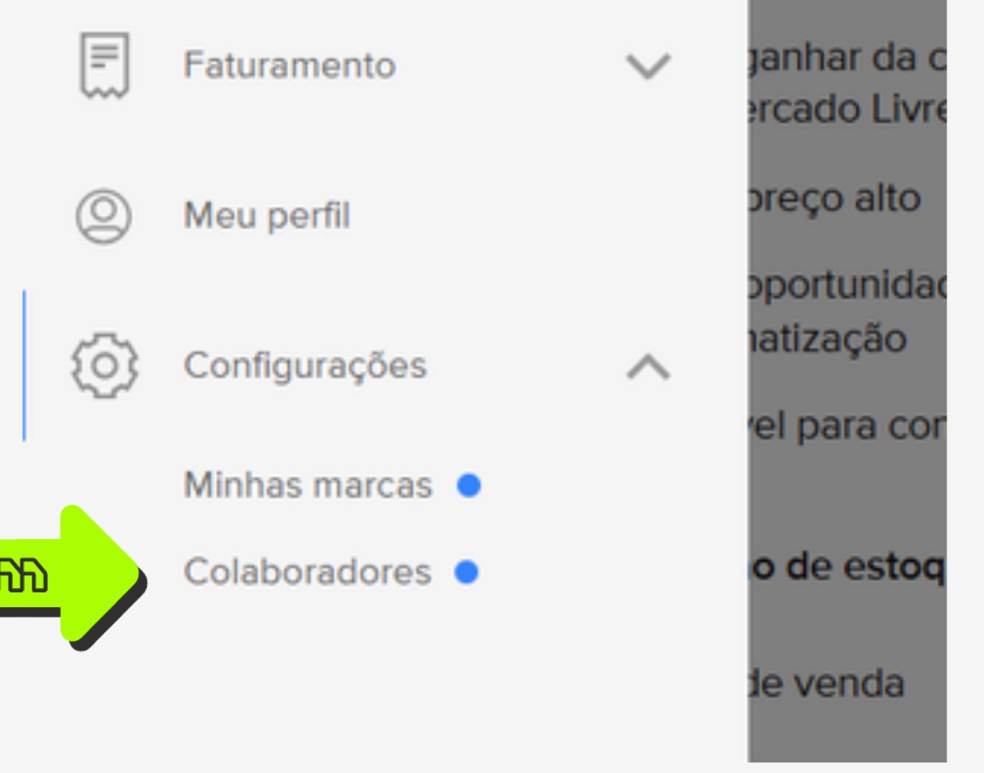 Menu de Configurações do Mercado Livre com a opção Colaboradores indicada pela seta verde