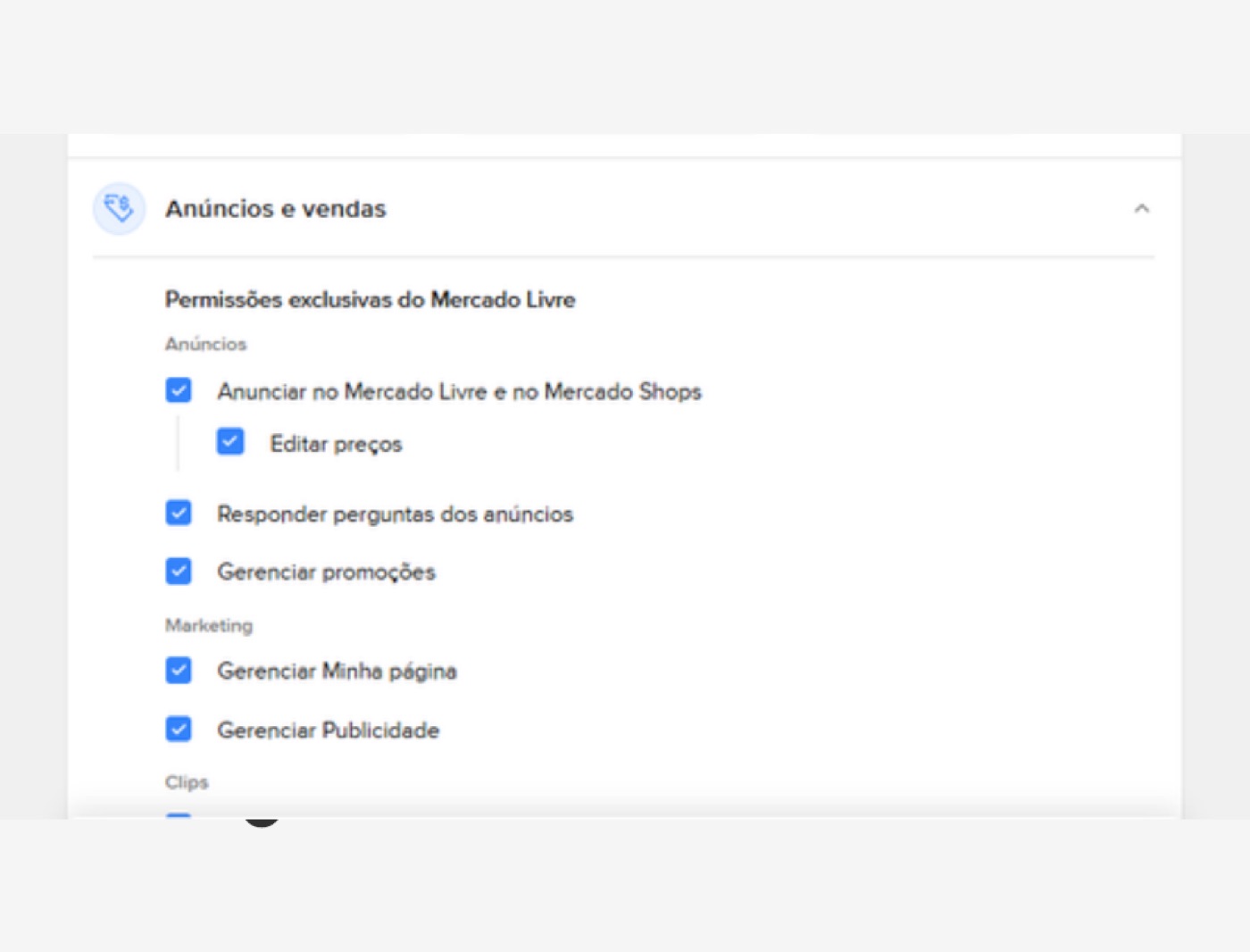 Lista de permissões da função preenchidas automaticamente pelo Mercado Livre